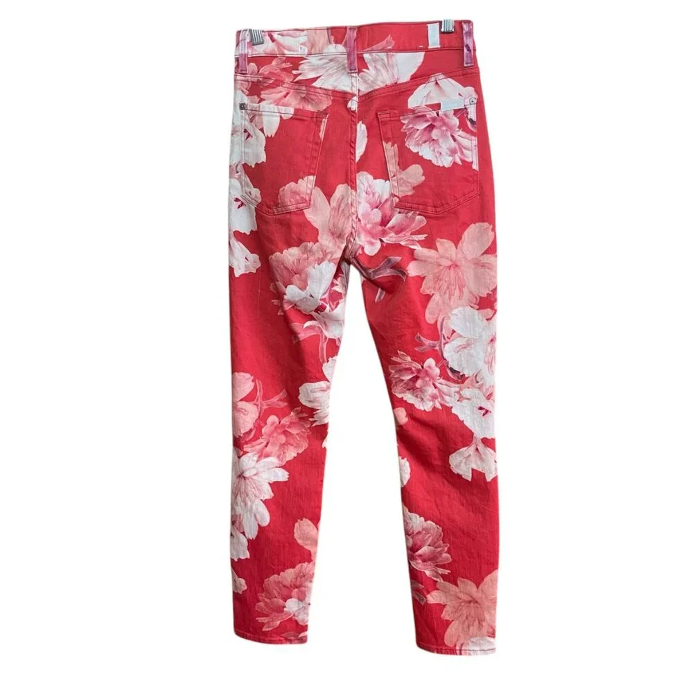 7 For All Mankind High Waist Ankle‎ Skinny Floral Jeans Red Pink Sz 27 Statement